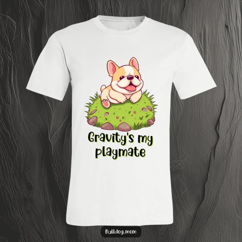 Funny Kawaii Bulldog T-Shirt: A cute, cartoon bulldog is caught in a moment of pure joy, tumbling playfully down a lush, green hill.