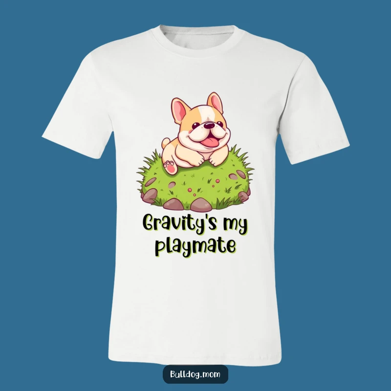 Funny Kawaii Bulldog T-Shirt: Hilarious rolling pup on a green hill, the ultimate funny gift for dog enthusiasts.