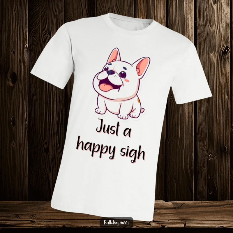Funny Content Bulldog T-Shirt: A happy bulldog looks upwards with a contented sigh, symbolizing peace and simple happiness.