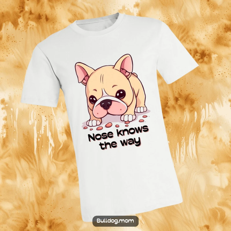Funny T-Shirt with a Kawaii bulldog intently sniffing the ground, its expression full of humorous curiosity and discovery.