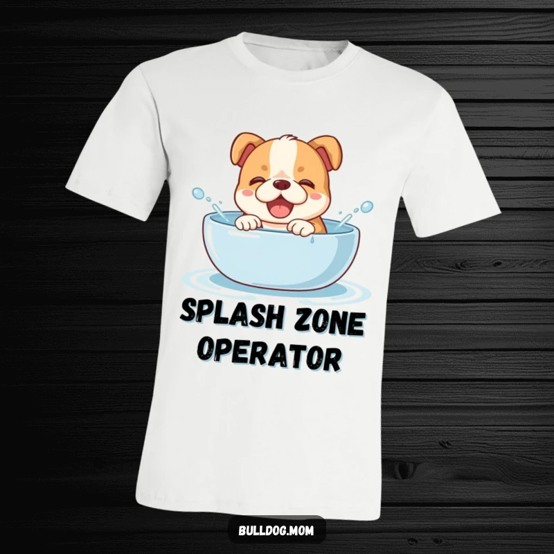 Funny bulldog cub t-shirt featuring a happy puppy giggling with abandon as it splashes water everywhere in its bowl, full of messy delight.