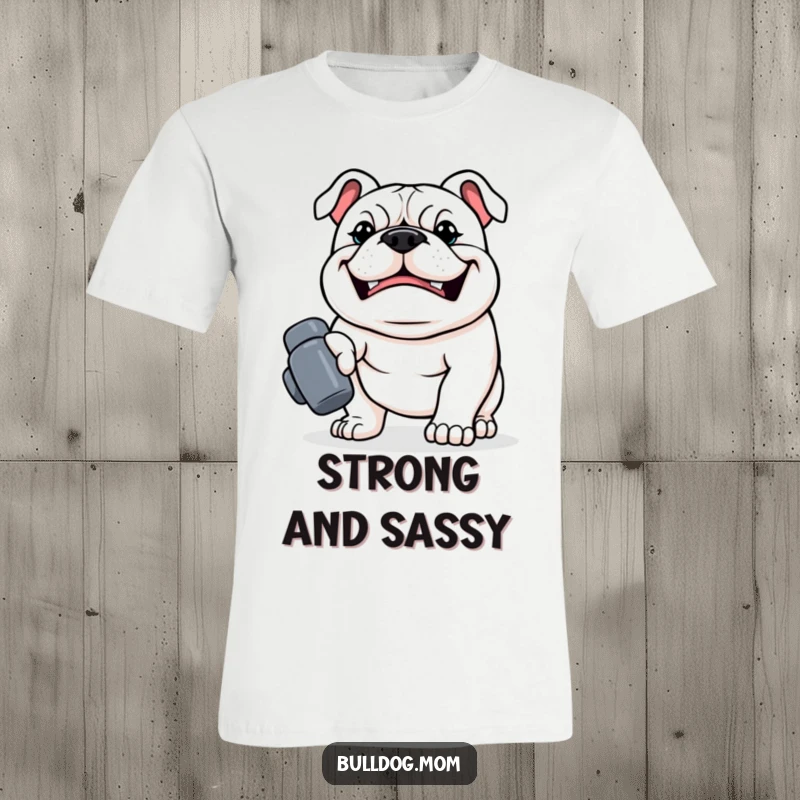 Funny Kawaii Bulldog T-Shirt, a strong dog with a determined grin carrying a tiny dumbbell, motivational workout dog apparel.