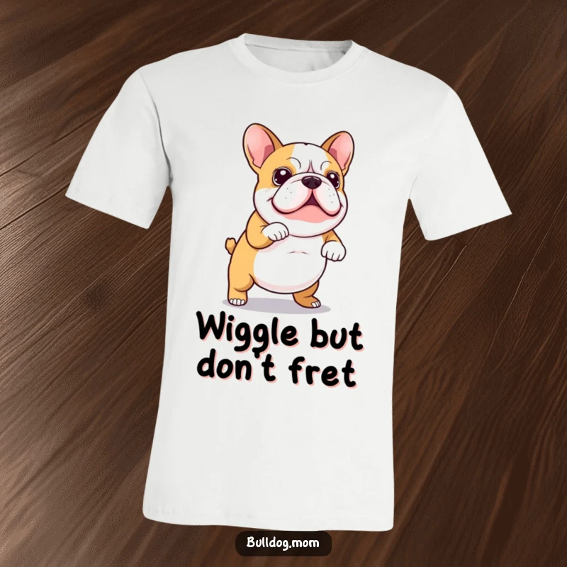 Funny T-Shirt showcasing a Kawaii bulldog in a hilarious wiggly dance, its stubby tail a blur of motion, spreading pure joy.
