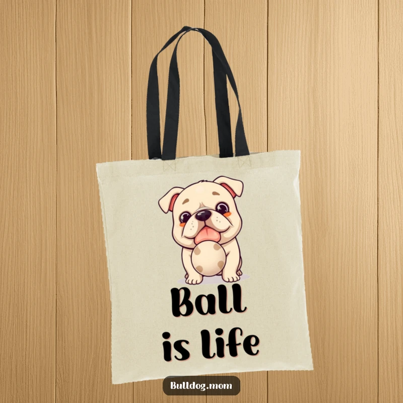 Funny Kawaii Bulldog Tote Bag: Spacious bag with a cute dog offering a slobbery ball, perfect for carrying dog essentials.