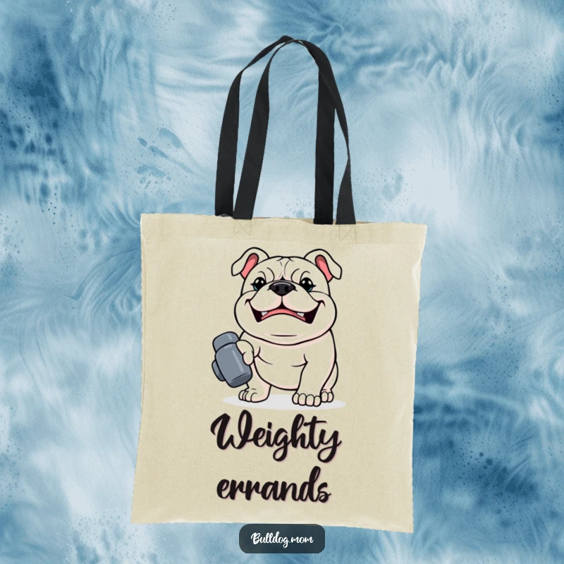 Funny Kawaii Bulldog Tote Bag, a strong dog with a determined grin carrying a tiny dumbbell, a motivational and practical accessory.