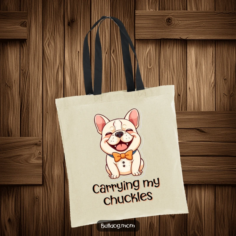 Funny Kawaii Bulldog Tote Bag, a cute dog in a comical bow tie giving a hearty laugh, a humorous and practical accessory.