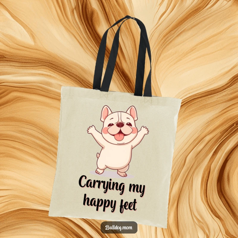 Funny Kawaii Bulldog tote bag featuring a dog doing a clumsy but adorable happy dance, ideal for carrying items with joy.