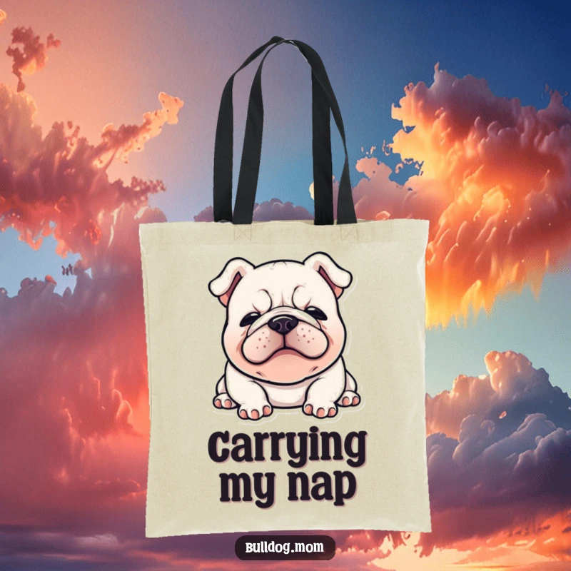 Funny Kawaii Bulldog tote bag featuring a happy bulldog flopped down with a content sigh, perfect for carrying daily items with style.