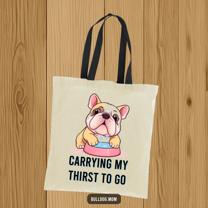 Funny Kawaii bulldog tote bag showcasing a cute dog enthusiastically drinking water from its bowl, a humorous accessory.