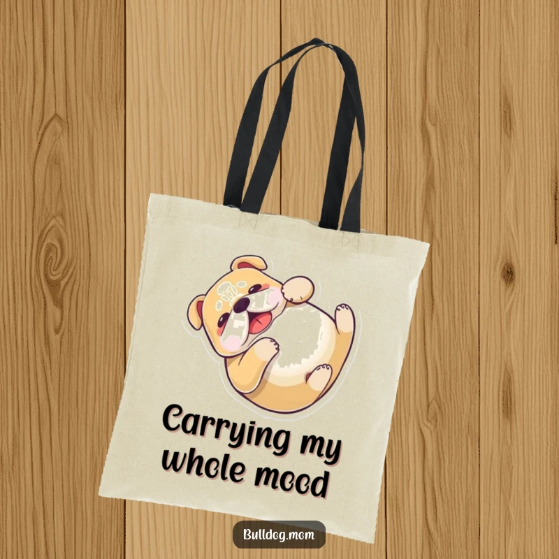Funny Kawaii Bulldog Tote Bag showing a joyful dog rolling over, a practical and humorous item for carrying daily essentials.