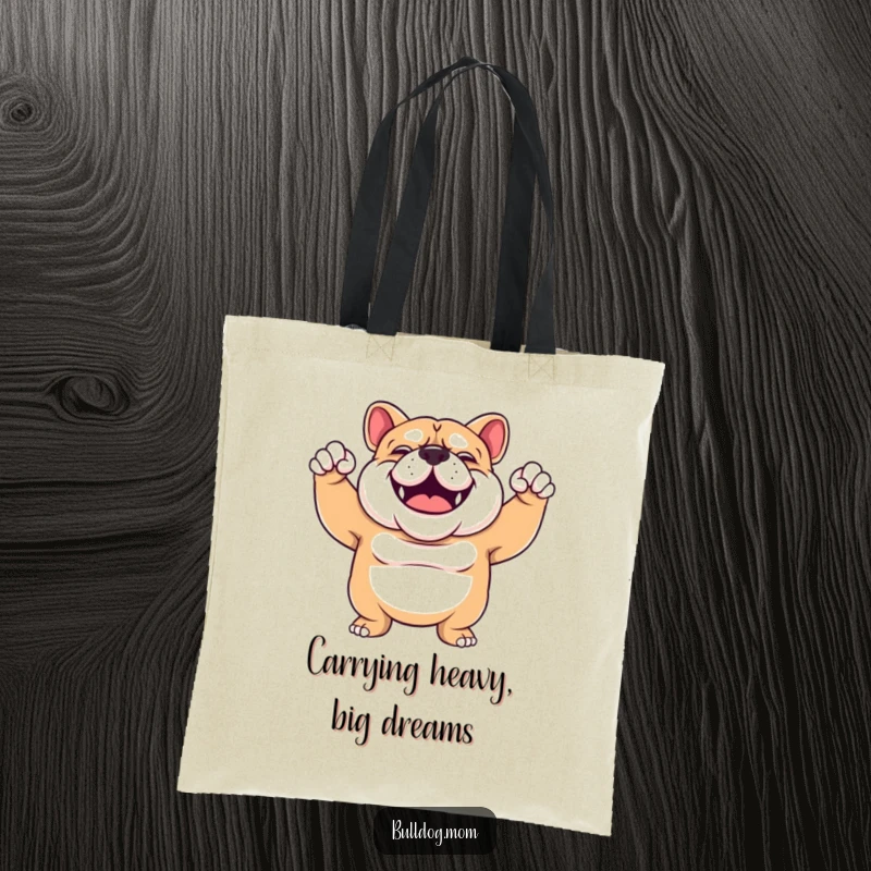 Funny Bulldog tote bag showing a sturdy, smiling Bulldog enthusiastically flexing its arms, perfect for carrying gym gear or groceries.