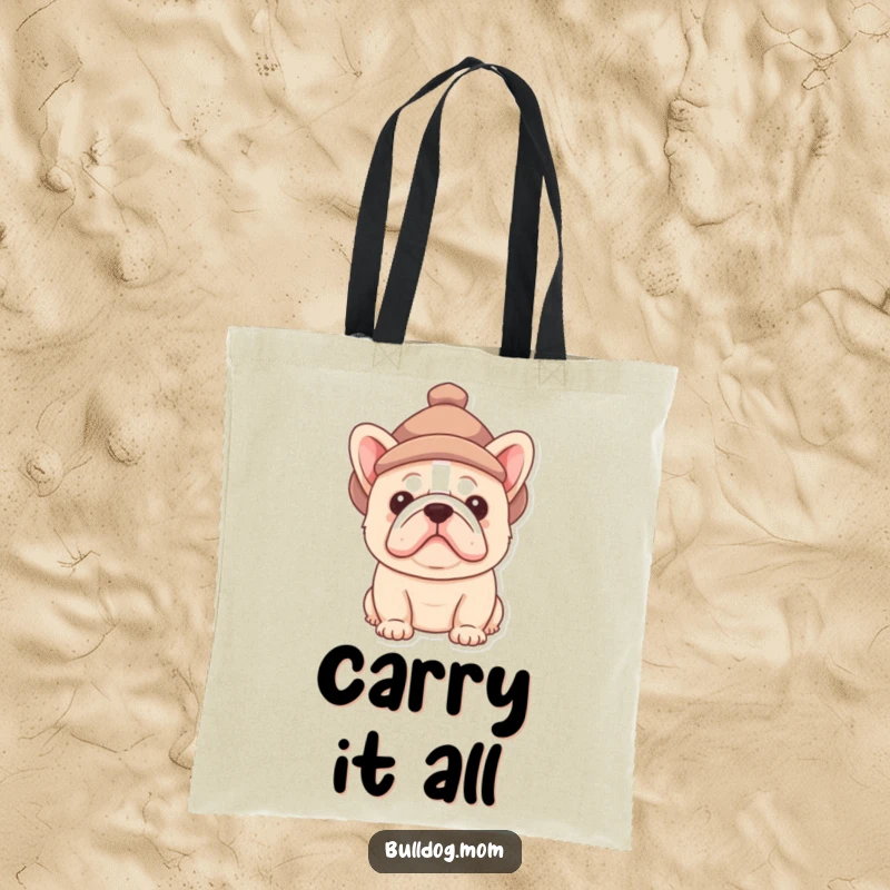 Funny Bulldog pup tote bag with a cute puppy peeking out from under a tiny hat, offering a humorous and practical accessory.