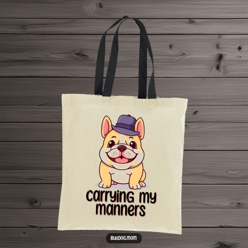 Funny tote bag showcasing a smiling bulldog tipping its hat, perfect for stylish and humorous everyday use.