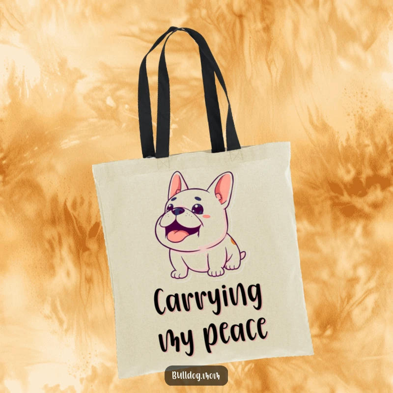 Funny Content Bulldog Tote Bag: A content bulldog looks upwards with a happy sigh, embodying tranquility and joy.