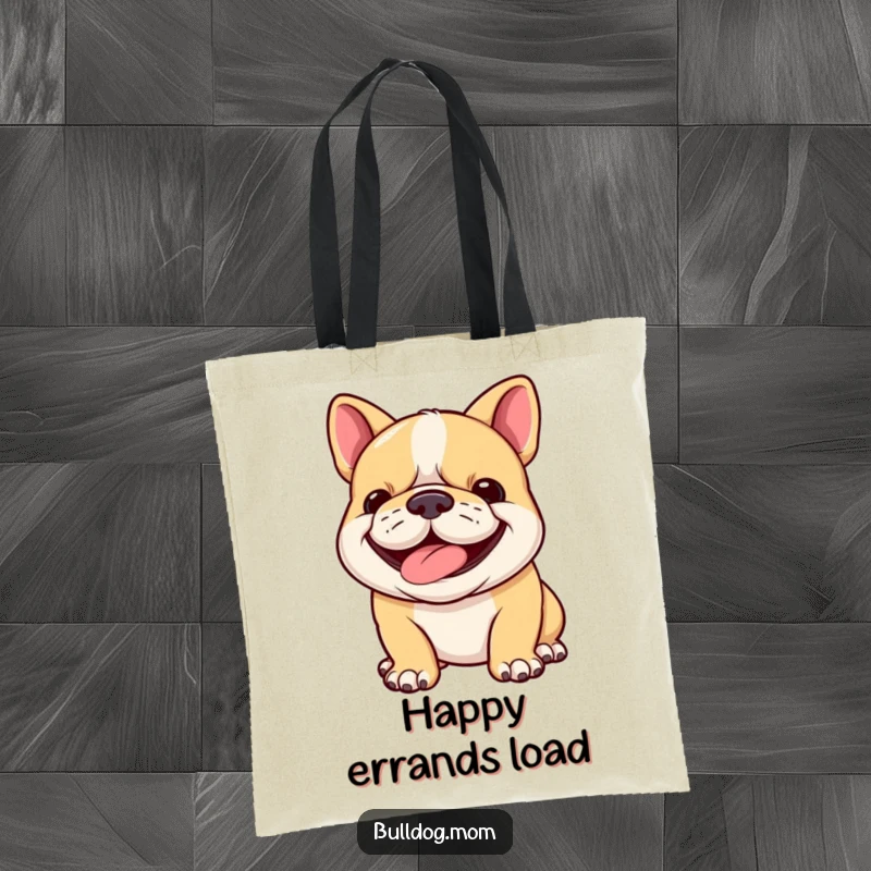 Funny bulldog cub tote bag showing a smiling puppy with its tongue out, panting happily, its determined grin full of personality.