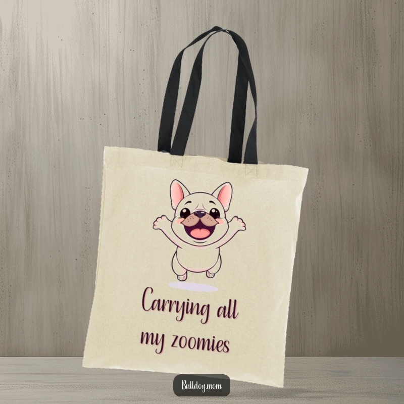Funny Kawaii Bulldog Tote Bag showing a cute bulldog attempting a massive, enthusiastic jump with all its might.