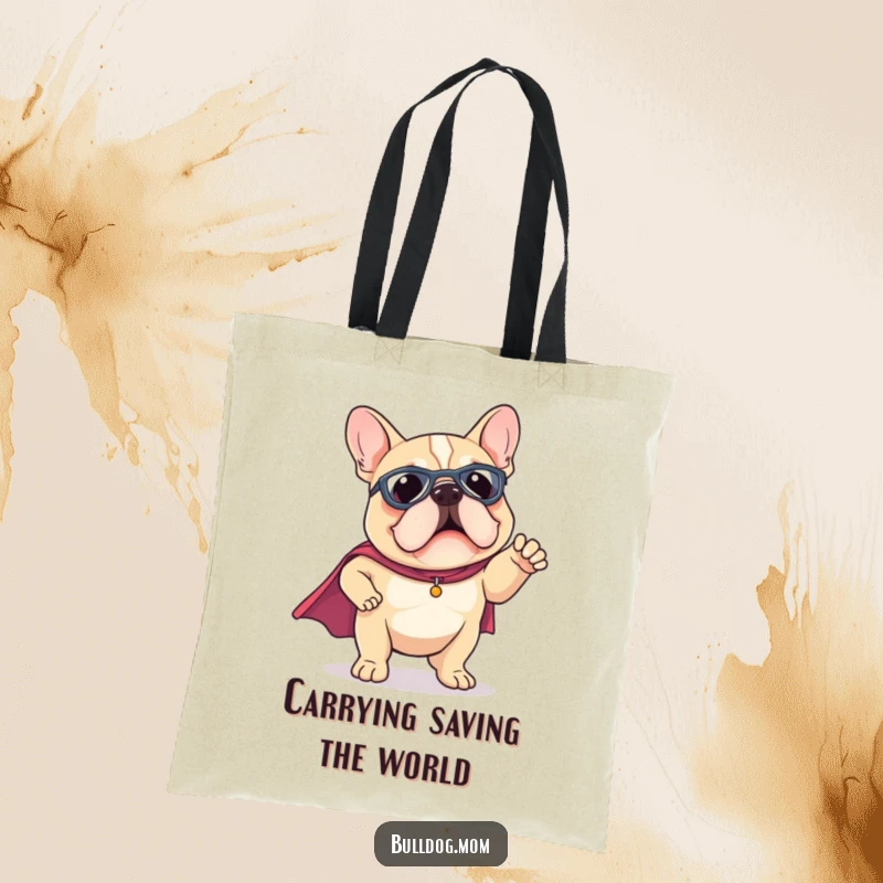 Funny Kawaii Bulldog tote bag wearing a tiny superhero cape, striking a funny pose, ideal for carrying items with heroic charm.
