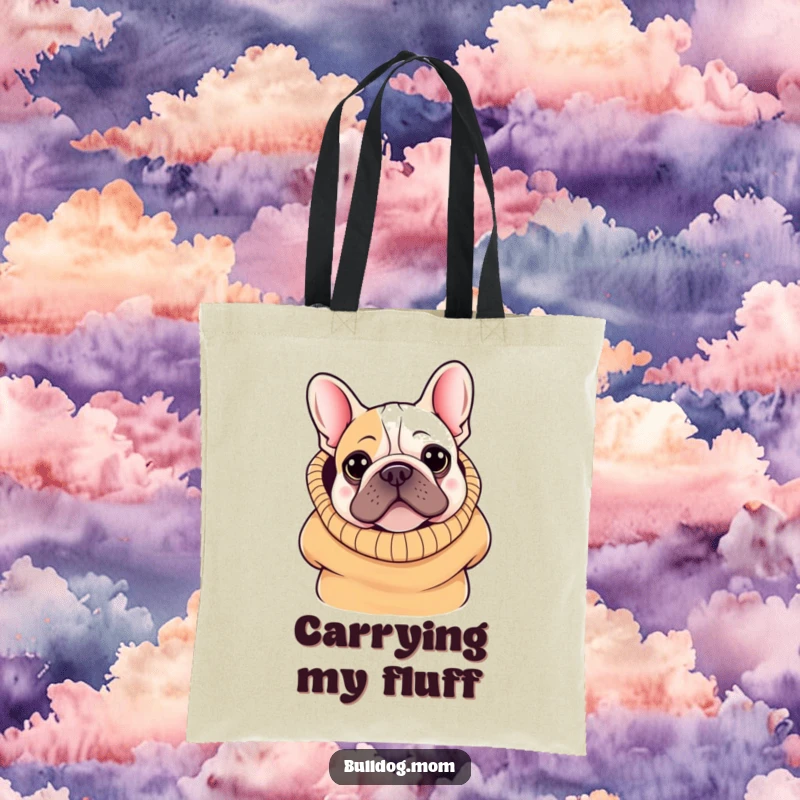 Funny Kawaii Bulldog Tote Bag: A cute bulldog peeking from an oversized sweater, perfect for carrying items with adorable style.