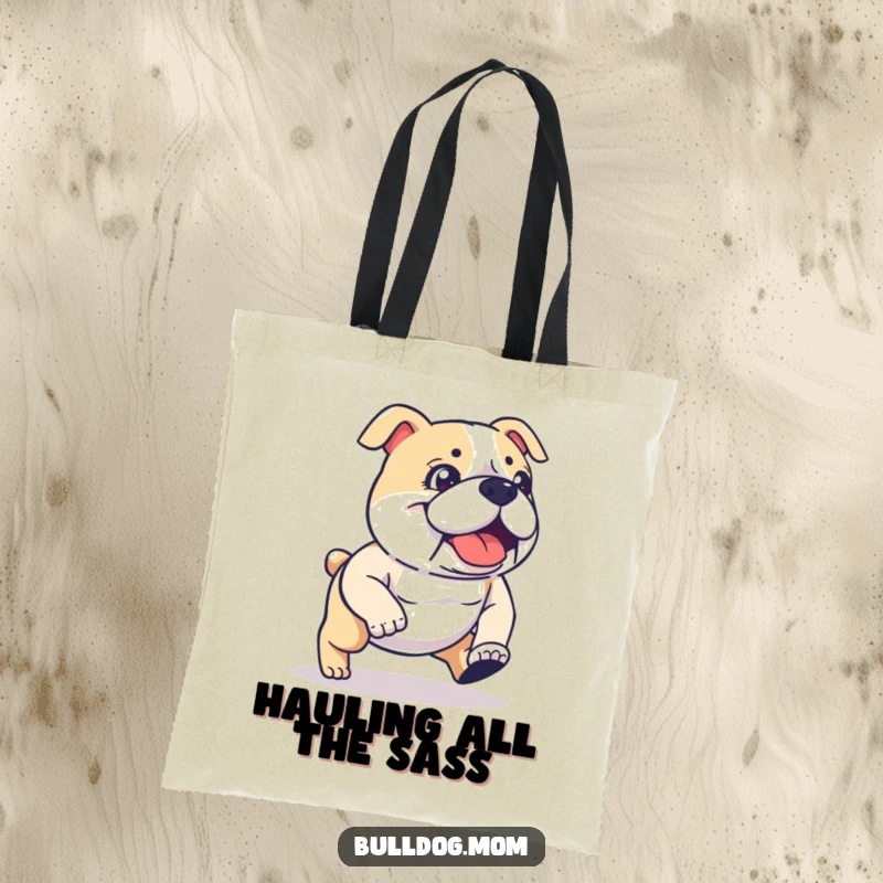 Funny kawaii Bulldog tote bag showcasing a determined, energetic stride, great for a funny gift. Durable and amusing accessory for errands.
