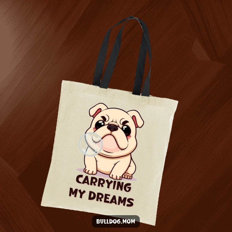 Funny Kawaii Bulldog tote bag, cute expression, intently pursuing a tiny, floating bubble outdoors, a scene of joyful, humorous effort.