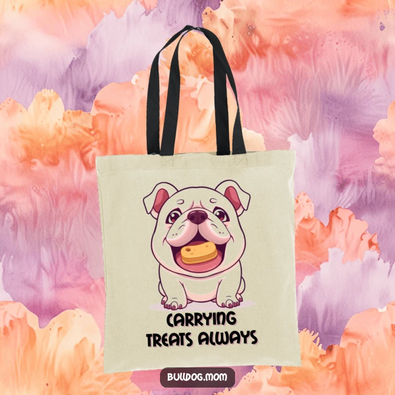 Funny Kawaii Bulldog tote bag with a mischievous gleam, attempting to balance a treat on its nose, great for errands and smart style.
