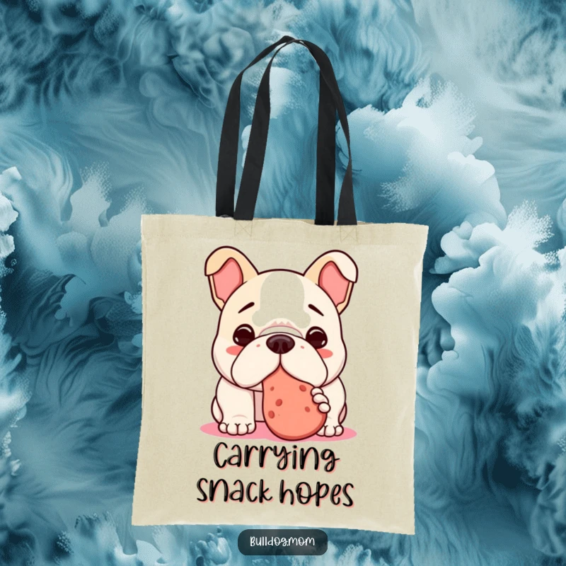 Funny Kawaii Bulldog Tote Bag featuring a dog nudging a treat, a humorous and practical accessory for daily use.