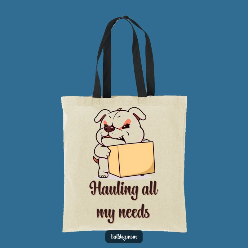 Funny Moving Bulldog Tote Bag: Durable bag with a determined pup pushing a box, an excellent funny gift.