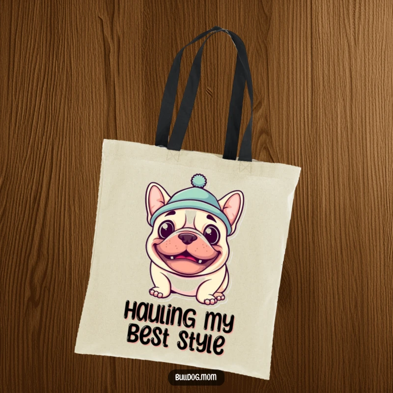 Funny Kawaii Bulldog Tote Bag showcasing a grinning dog in a hat, a practical and humorous accessory for daily use.