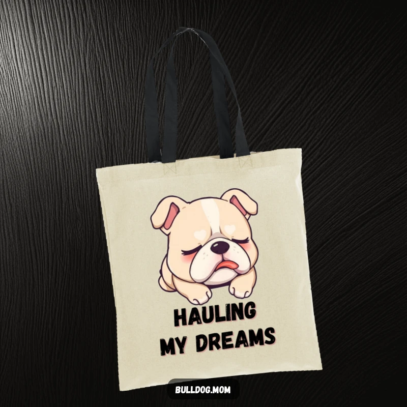 Funny Tote Bag showcasing a peacefully sleeping Kawaii bulldog, tongue peeking out, perfect for carrying dreams and necessities humorously.