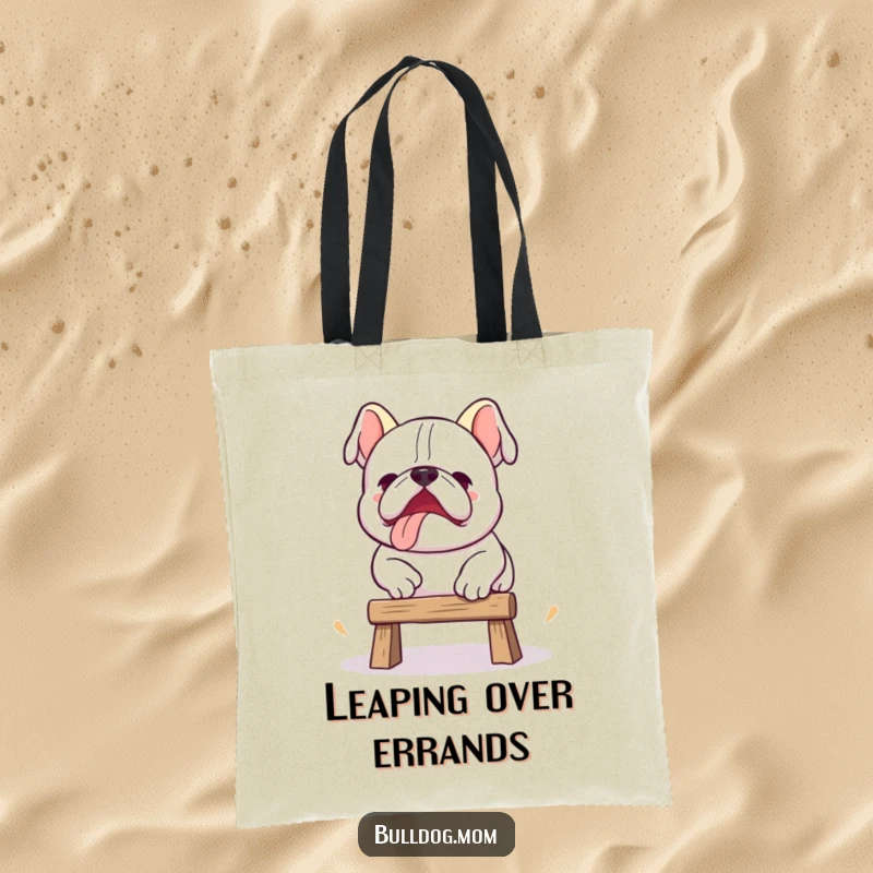 Funny Kawaii bulldog tote bag showcasing a cute pup attempting a clumsy jump over an obstacle, a humorous accessory.