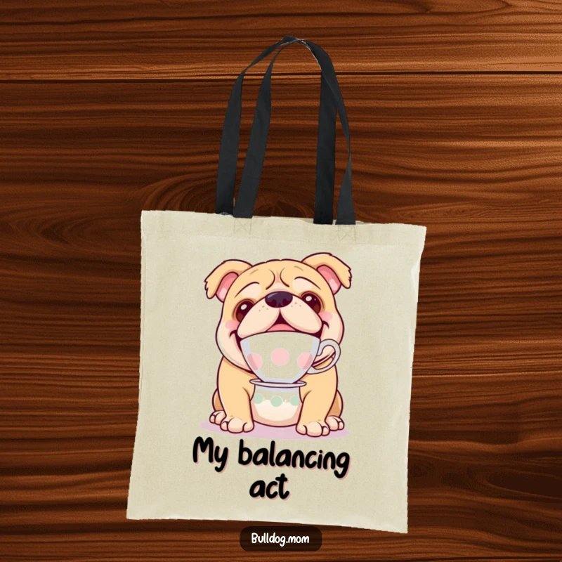Funny tote bag with a happy bulldog balancing a teacup on its nose, showcasing elegance and humor.