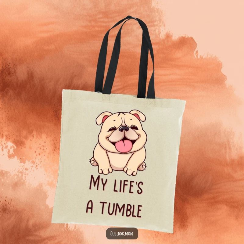 Funny Kawaii bulldog tote bag showcasing a cute, squishy dog happily snorting and rolling over, a humorous and practical accessory.