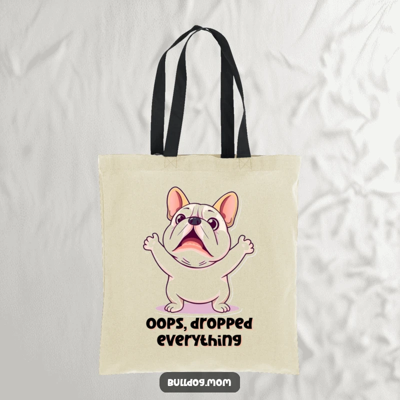 Funny Kawaii Bulldog Tote Bag: A cute, startled bulldog with flailing limbs, ideal for shopping or daily carry.