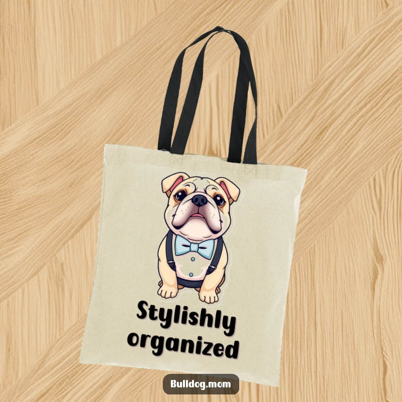 Funny tote bag showcasing a bulldog wearing a tiny bow tie and suspenders, perfect for stylish and humorous transport.